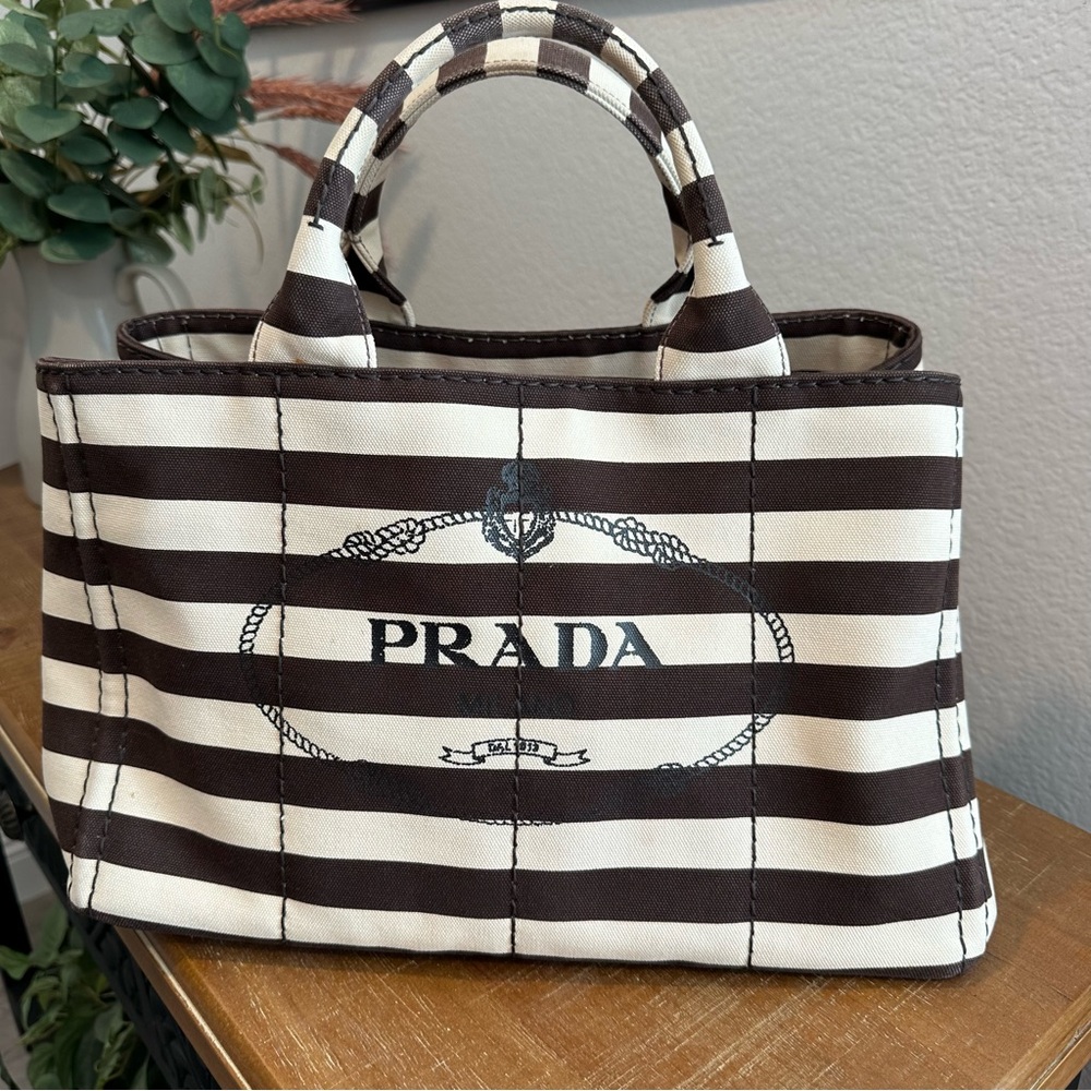 Vintage Prada Striped Canapa Tote in Brown and Cream Medium